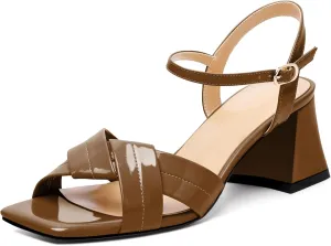 AUMOTED Women's Square Open Toe Sandals 2.5" Block Heel Ankle Strap Slingback Chunky High Heeled Dress Pump Shoes for Summer