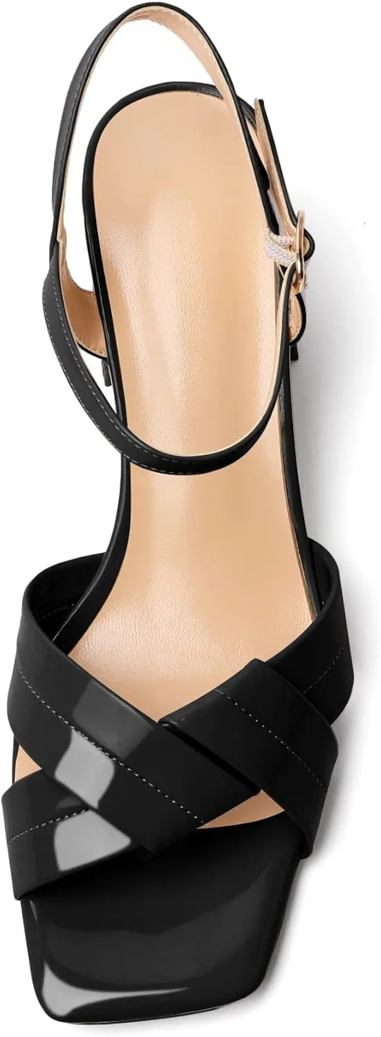 AUMOTED Women's Square Open Toe Sandals 2.5" Block Heel Ankle Strap Slingback Chunky High Heeled Dress Pump Shoes for Summer