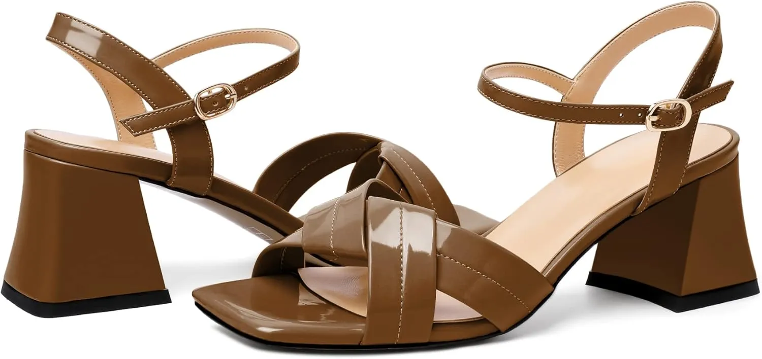 AUMOTED Women's Square Open Toe Sandals 2.5" Block Heel Ankle Strap Slingback Chunky High Heeled Dress Pump Shoes for Summer
