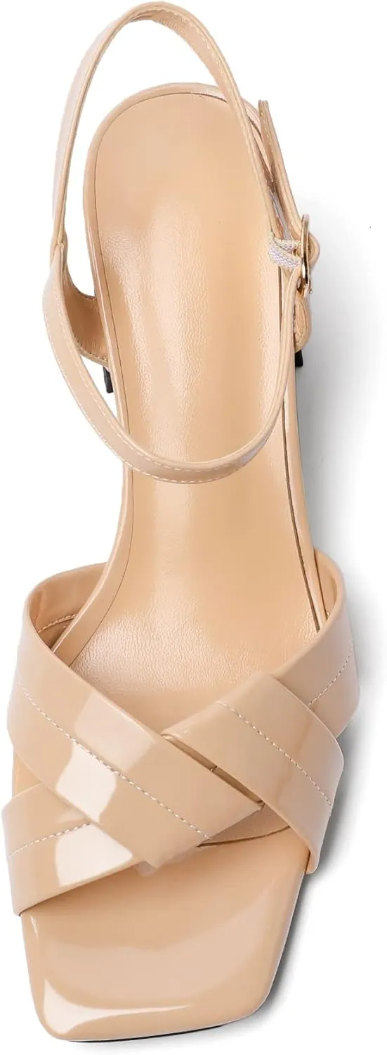 AUMOTED Women's Square Open Toe Sandals 2.5" Block Heel Ankle Strap Slingback Chunky High Heeled Dress Pump Shoes for Summer