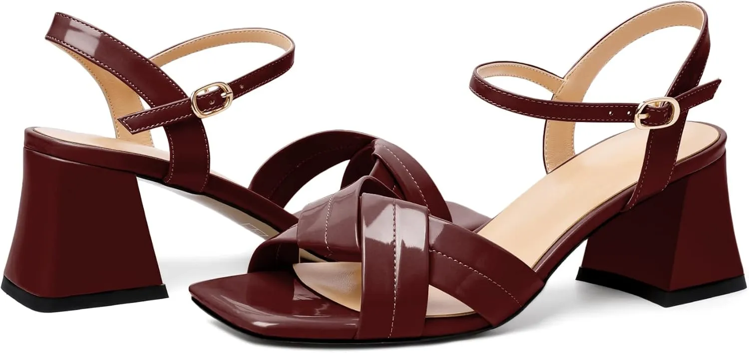 AUMOTED Women's Square Open Toe Sandals 2.5" Block Heel Ankle Strap Slingback Chunky High Heeled Dress Pump Shoes for Summer