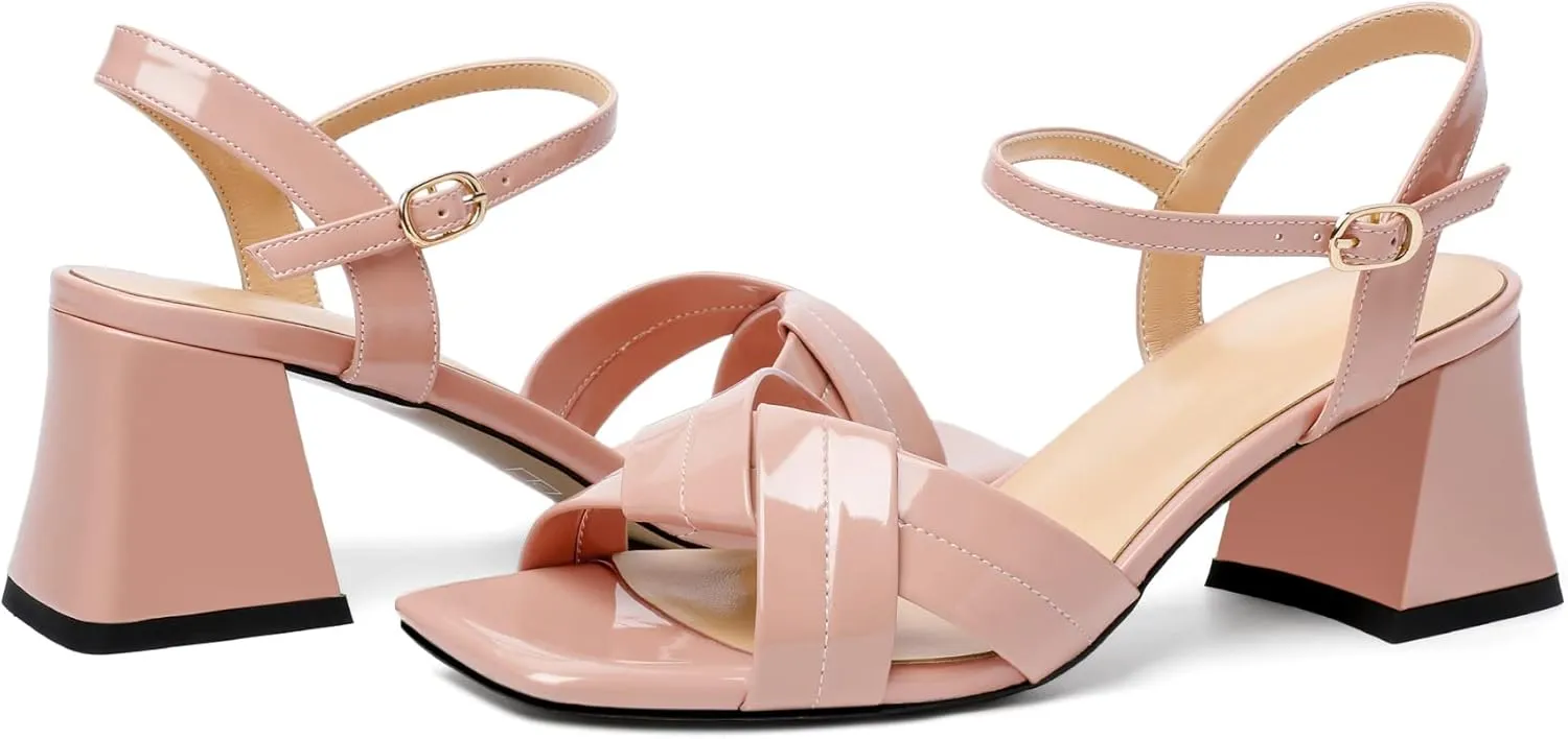 AUMOTED Women's Square Open Toe Sandals 2.5" Block Heel Ankle Strap Slingback Chunky High Heeled Dress Pump Shoes for Summer