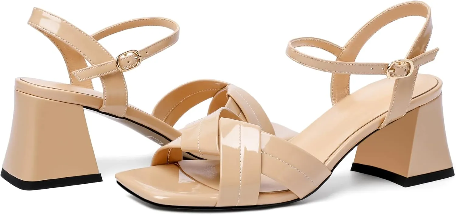 AUMOTED Women's Square Open Toe Sandals 2.5" Block Heel Ankle Strap Slingback Chunky High Heeled Dress Pump Shoes for Summer