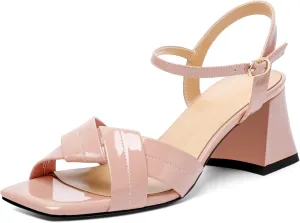 AUMOTED Women's Square Open Toe Sandals 2.5" Block Heel Ankle Strap Slingback Chunky High Heeled Dress Pump Shoes for Summer