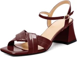 AUMOTED Women's Square Open Toe Sandals 2.5" Block Heel Ankle Strap Slingback Chunky High Heeled Dress Pump Shoes for Summer