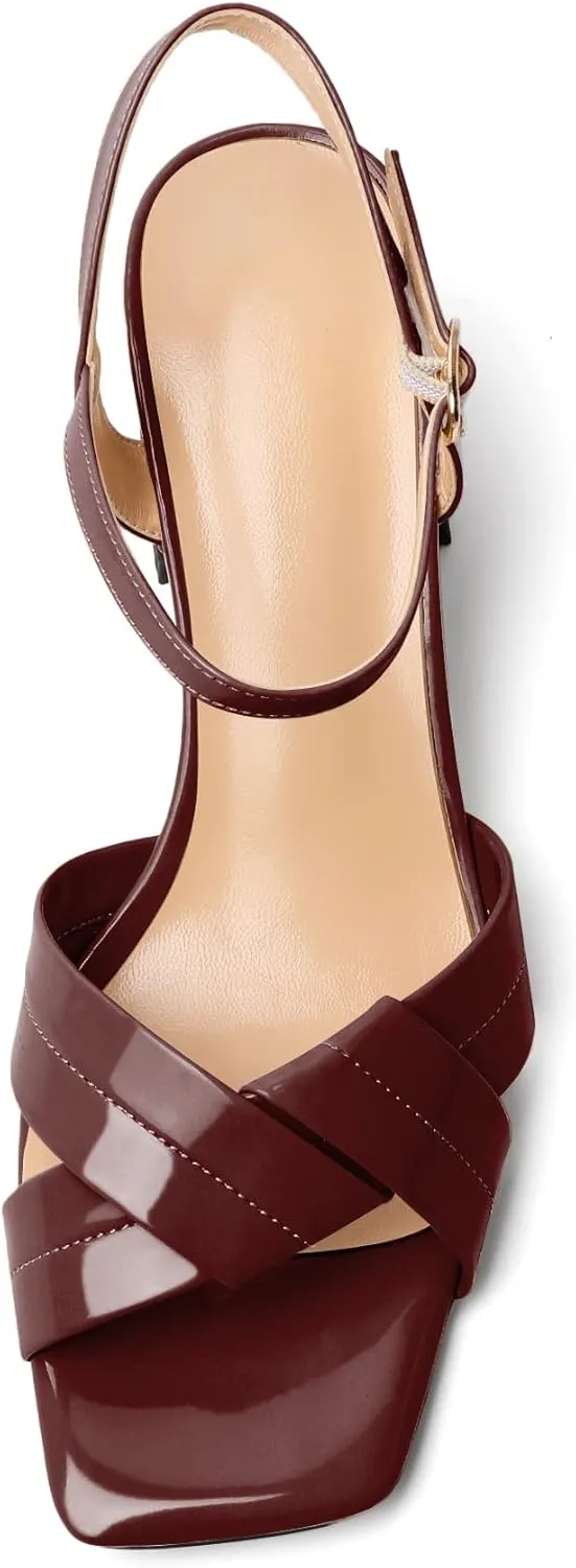 AUMOTED Women's Square Open Toe Sandals 2.5" Block Heel Ankle Strap Slingback Chunky High Heeled Dress Pump Shoes for Summer