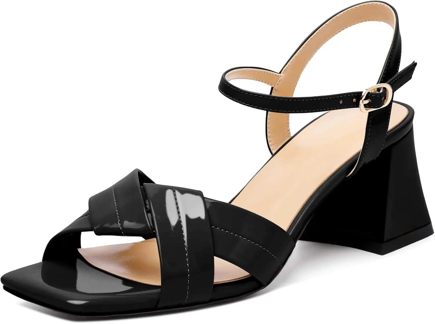 AUMOTED Women's Square Open Toe Sandals 2.5" Block Heel Ankle Strap Slingback Chunky High Heeled Dress Pump Shoes for Summer
