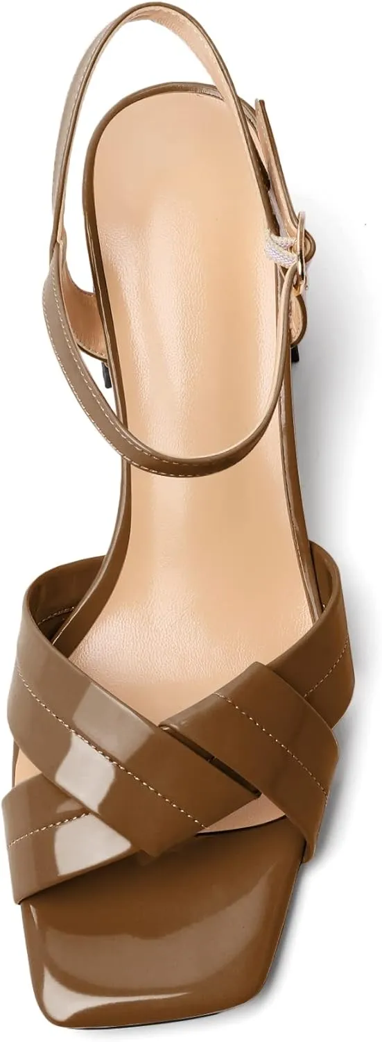 AUMOTED Women's Square Open Toe Sandals 2.5" Block Heel Ankle Strap Slingback Chunky High Heeled Dress Pump Shoes for Summer