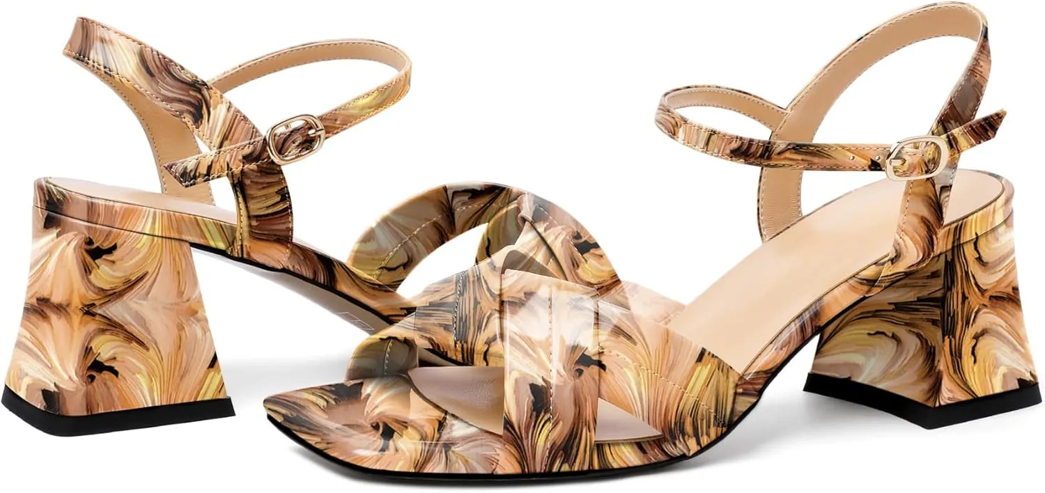 AUMOTED Women's Square Open Toe Sandals 2.5" Block Heel Ankle Strap Slingback Chunky High Heeled Dress Pump Shoes for Summer