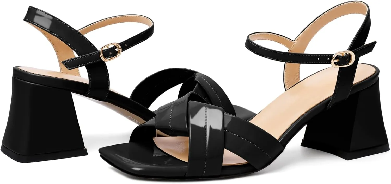 AUMOTED Women's Square Open Toe Sandals 2.5" Block Heel Ankle Strap Slingback Chunky High Heeled Dress Pump Shoes for Summer