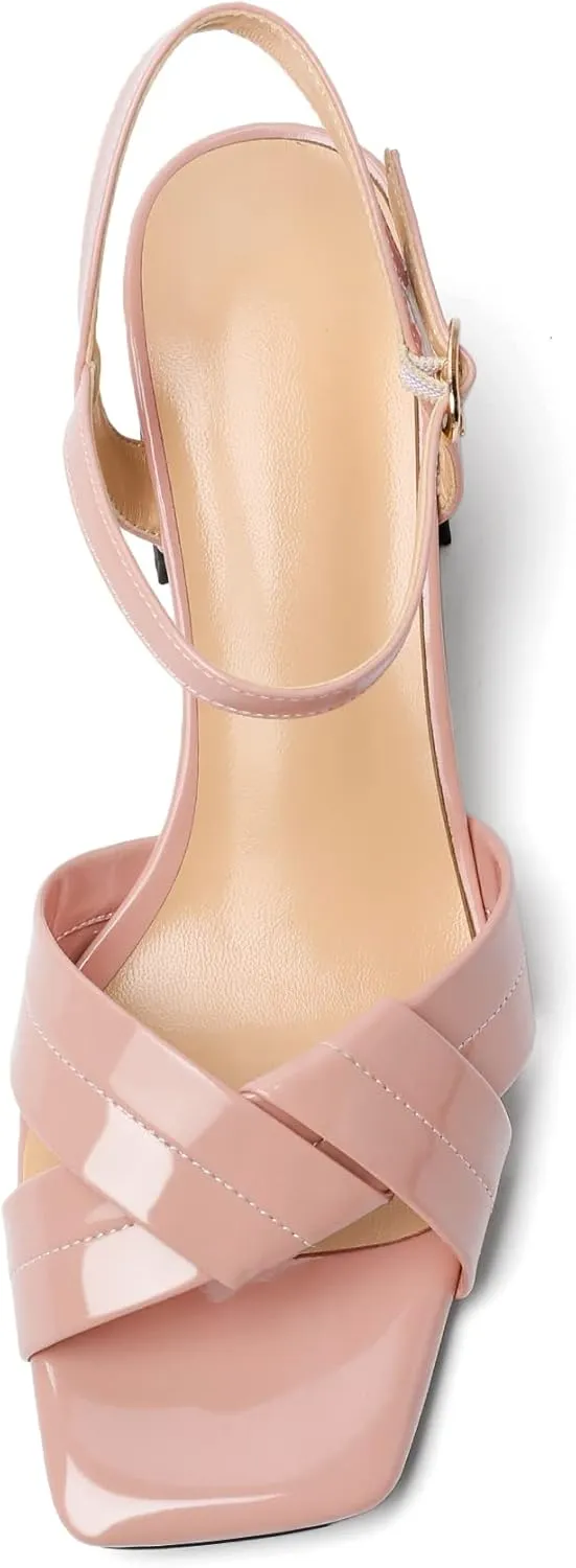 AUMOTED Women's Square Open Toe Sandals 2.5" Block Heel Ankle Strap Slingback Chunky High Heeled Dress Pump Shoes for Summer
