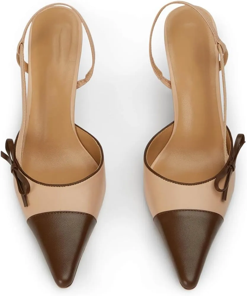 Bow Tie Slingback Pumps for Women Closed Pointed Toe High Stiletto Heels Two-Tone Backless Heeled Sandals