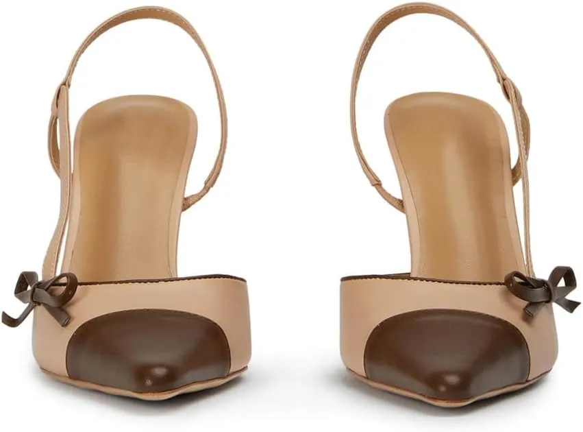 Bow Tie Slingback Pumps for Women Closed Pointed Toe High Stiletto Heels Two-Tone Backless Heeled Sandals