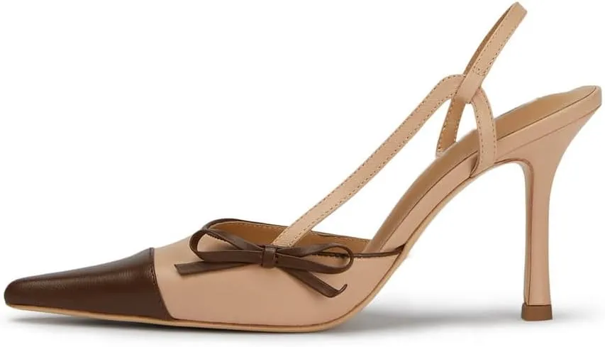 Bow Tie Slingback Pumps for Women Closed Pointed Toe High Stiletto Heels Two-Tone Backless Heeled Sandals