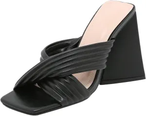 Chunky Heel Sandals for Women Fashion Square Toe Ruched Cross Straps Open Toe Slip-on Thick High Heels Shoes Solid Color Minimalistic Slipper