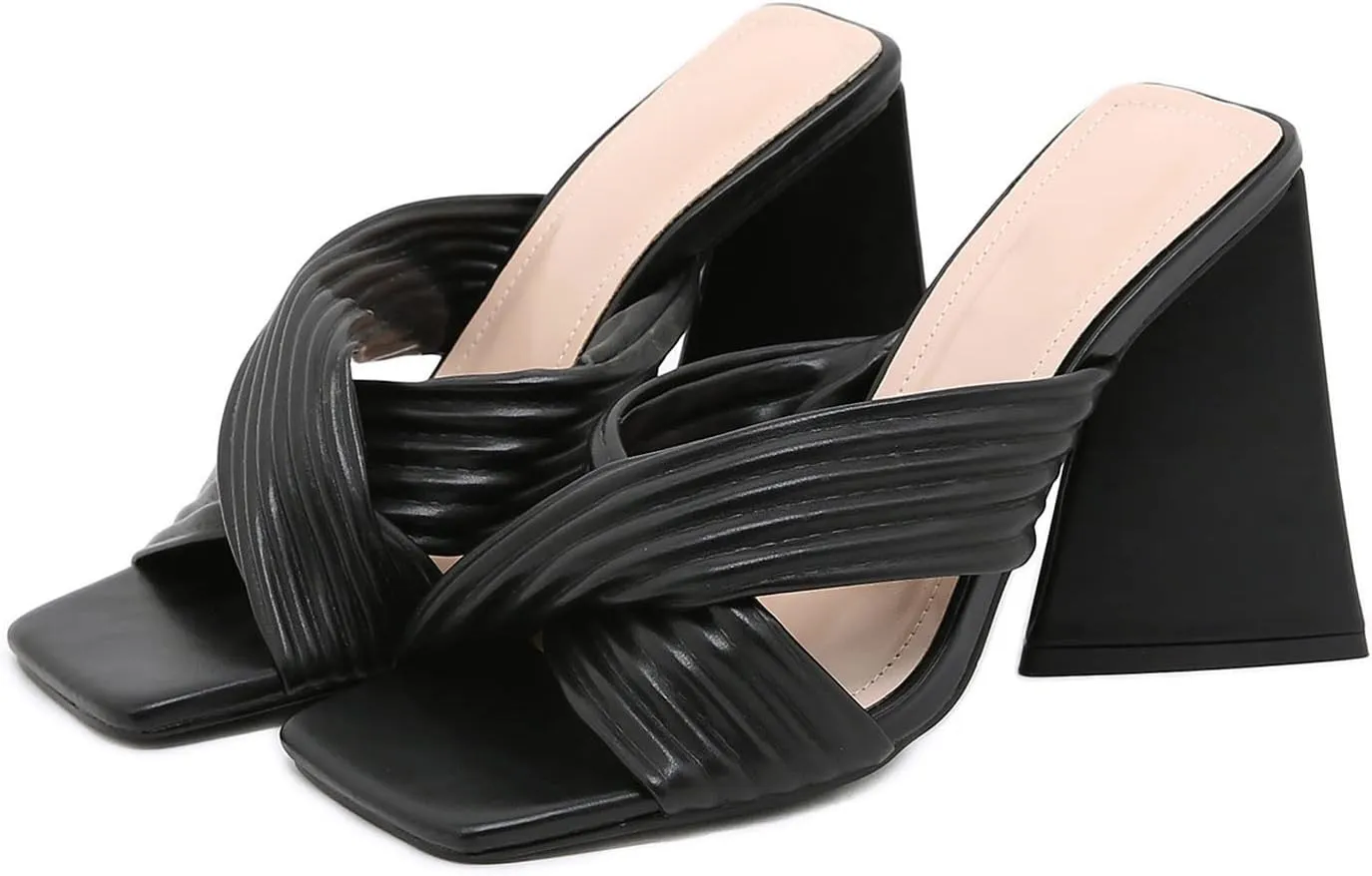 Chunky Heel Sandals for Women Fashion Square Toe Ruched Cross Straps Open Toe Slip-on Thick High Heels Shoes Solid Color Minimalistic Slipper