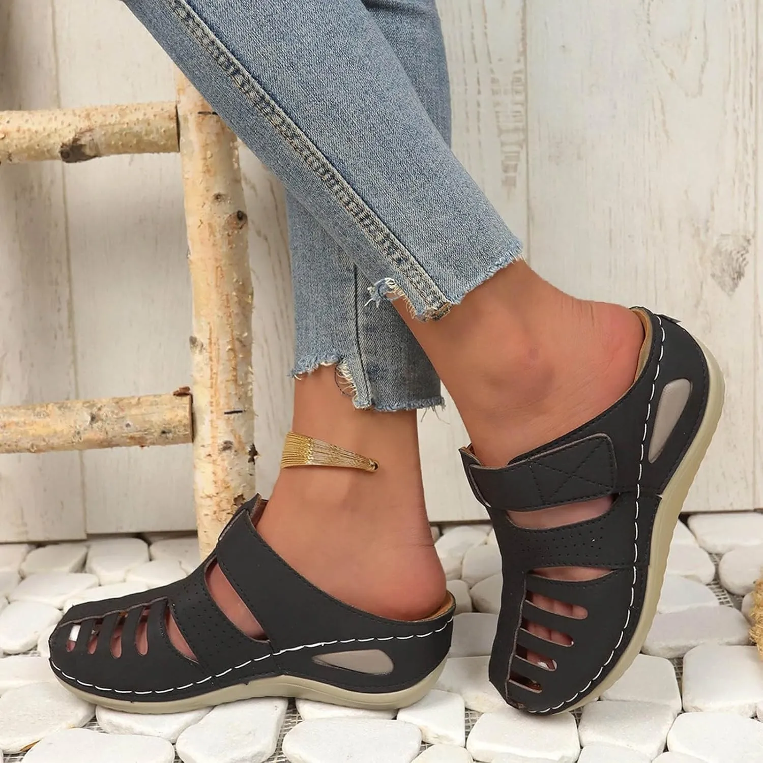 Closed Toe Sandals for Women 2025 Dressy Summer Comfortable Platform Wedges Ankle Strap Slip On Sandals with Arch Support Casual Hollow Out Sandal Dress Shoes