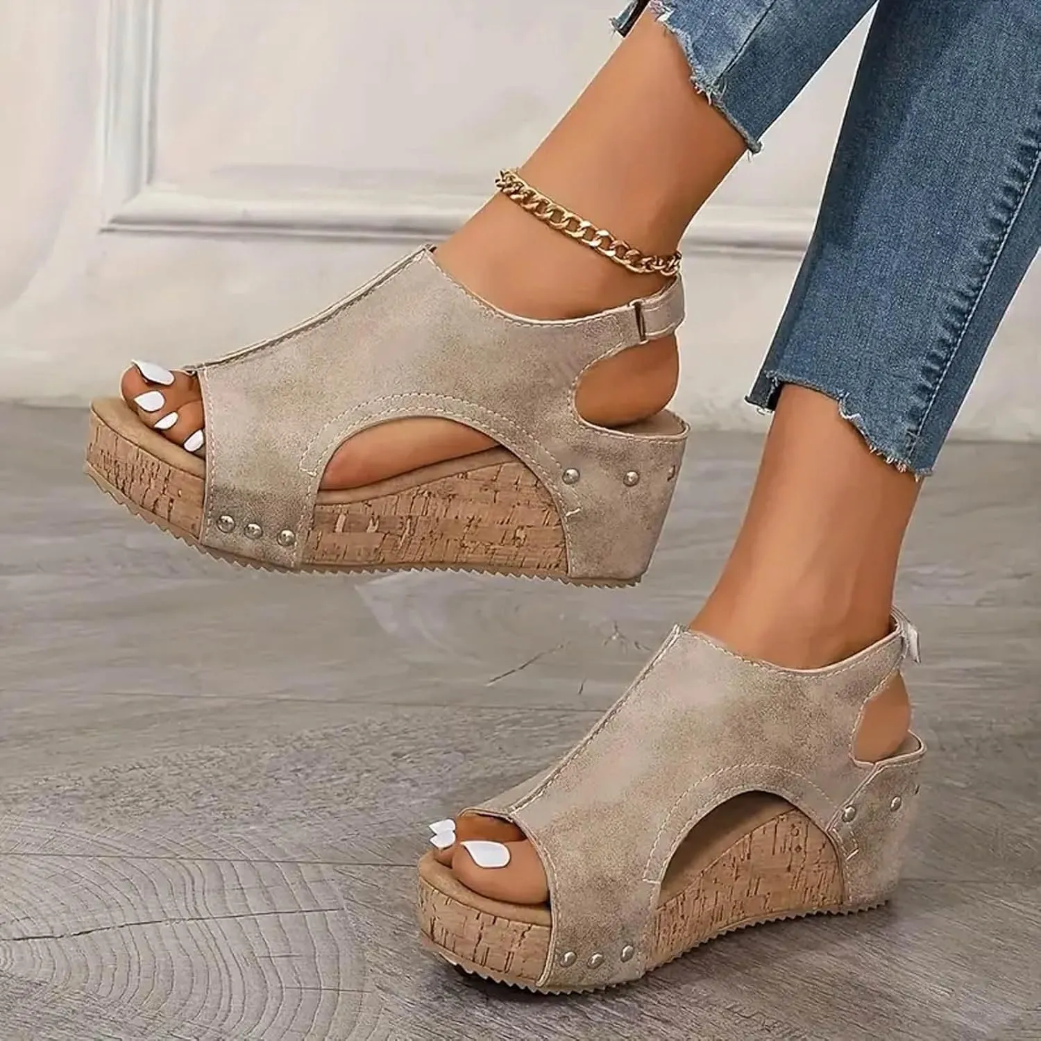 Cork Wedge Sandals for Women Summer Dressy,Platform Wedge Heels Sparkly Sandals Open Toe Ankle Strap Wedges Comfortable Casual Low Heel Boho Dress Shoes Ladies Beach Sandals