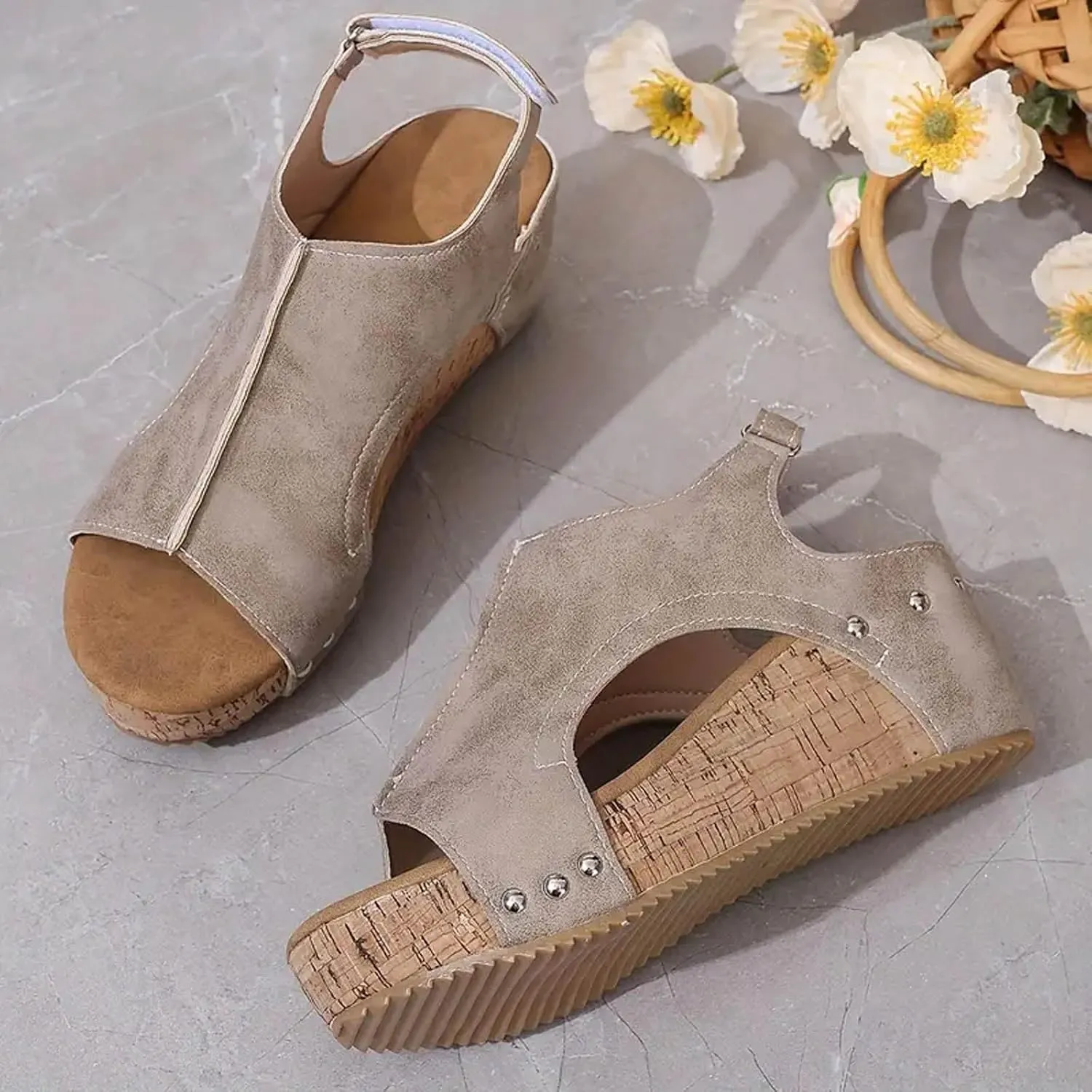 Cork Wedge Sandals for Women Summer Dressy,Platform Wedge Heels Sparkly Sandals Open Toe Ankle Strap Wedges Comfortable Casual Low Heel Boho Dress Shoes Ladies Beach Sandals