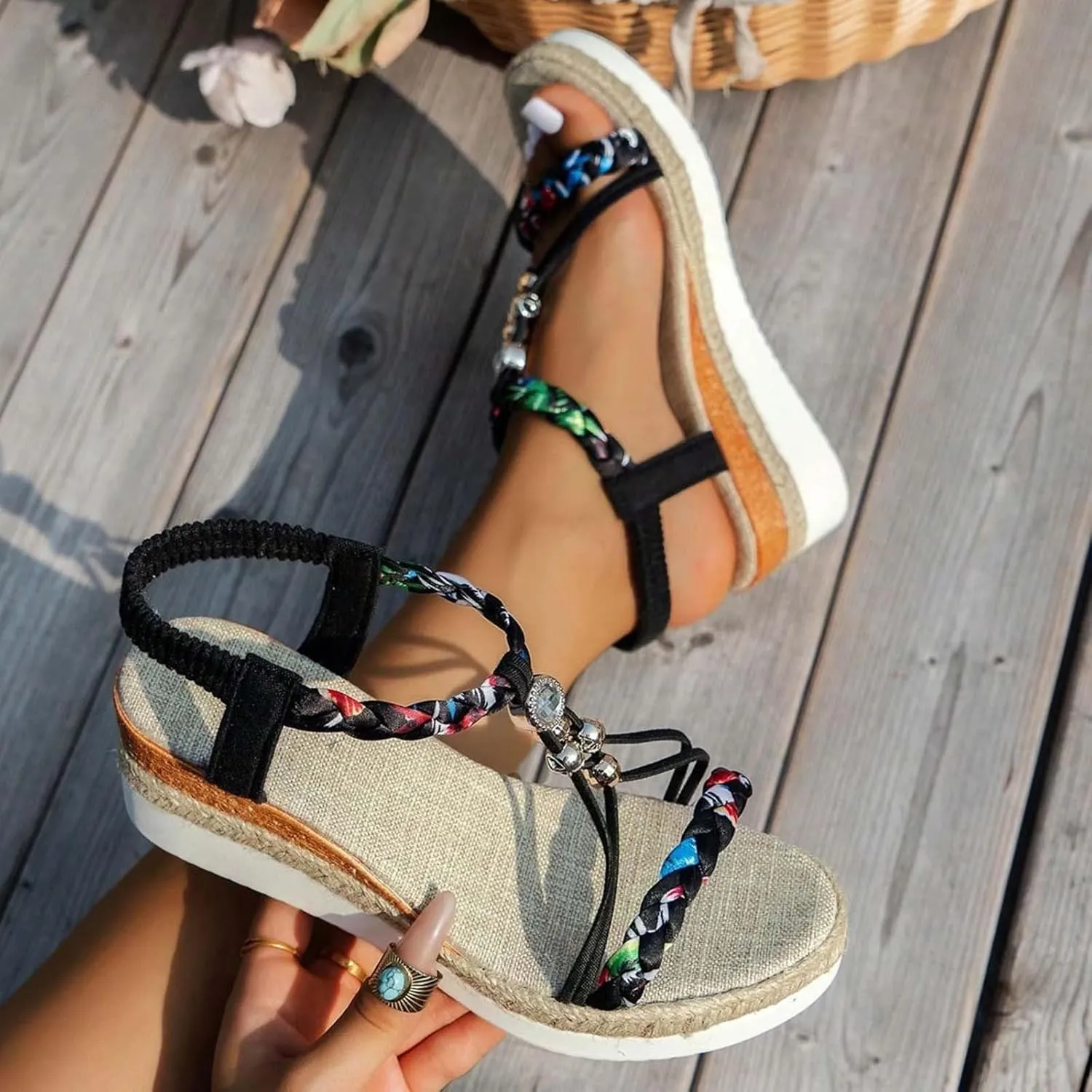 Eduavar Sandals Women Open Toe Buckle Ankle Strap Espadrilles Flatform Wedge Casual Sandal for Dressy Casual Summers Beach