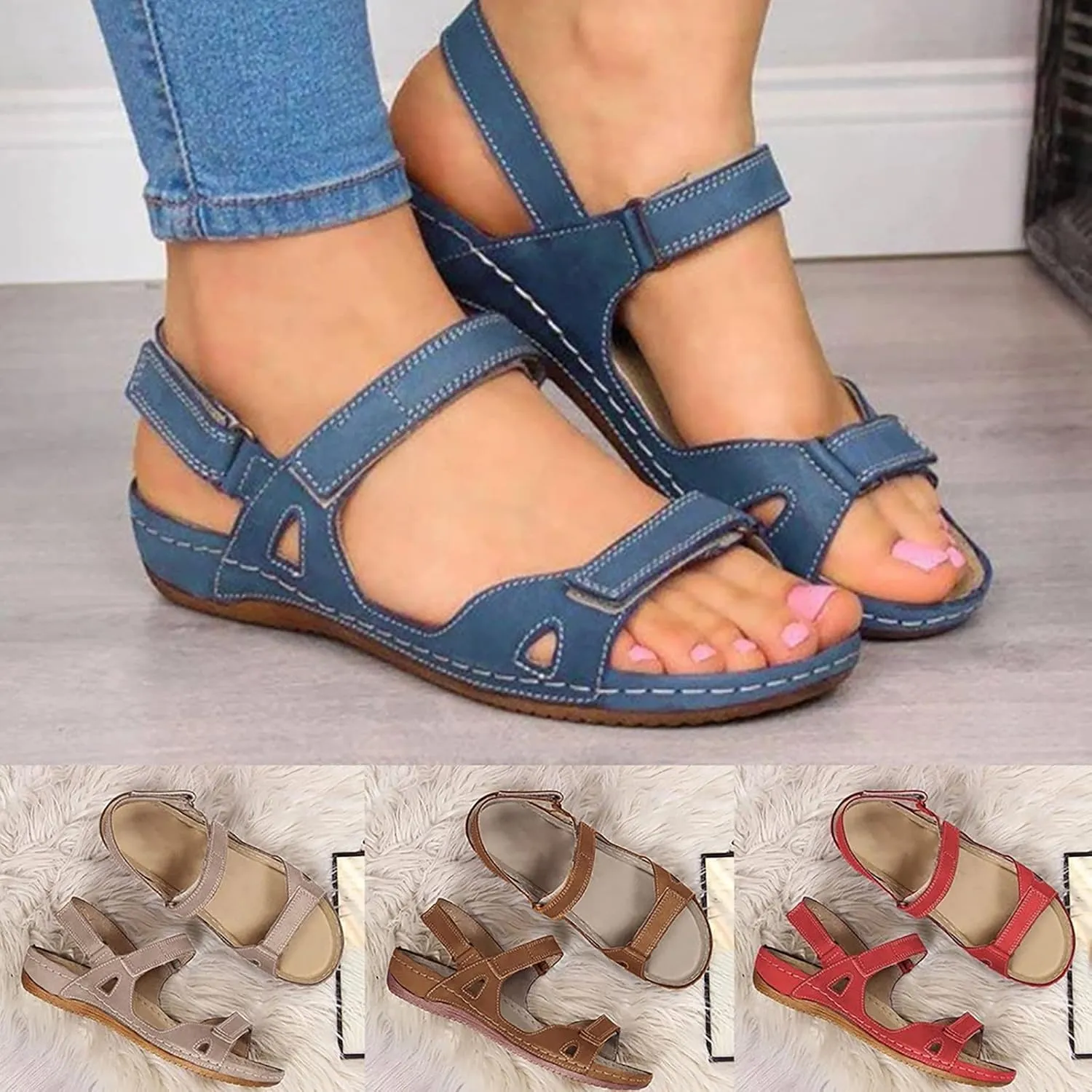 Eduavar Summer Sandals for Women, Orthopedic Sandals for Women Peep Toe Wedge Sandals Comfortable Ankle Strap Sandals