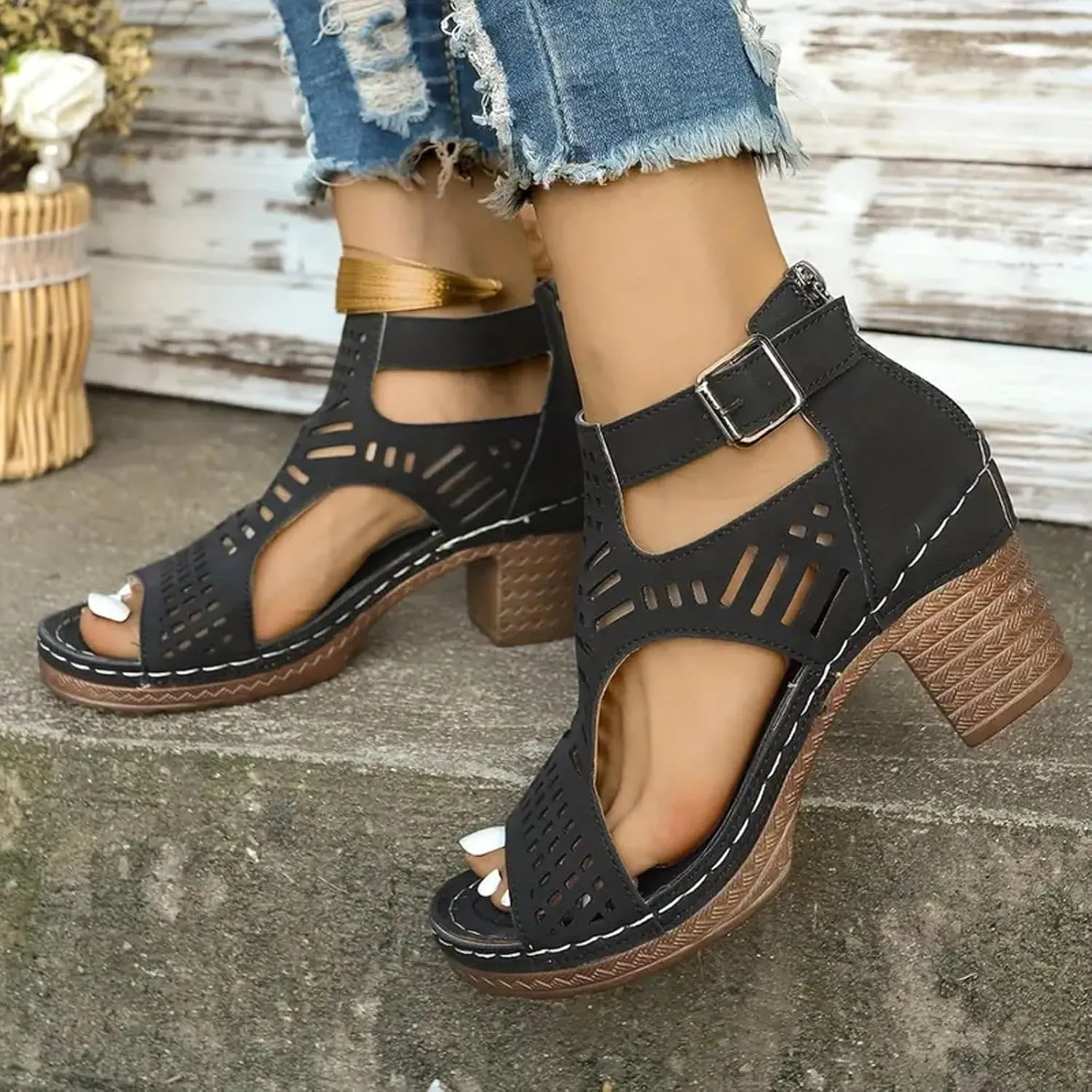 Eduavar Women's Wedge Sandals, Orthopedic Leather Peep Toe Cutout Zipper Chunky Heeled Sandals in White, Brown for Casual Wear