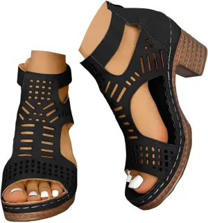Eduavar Women's Wedge Sandals, Orthopedic Leather Peep Toe Cutout Zipper Chunky Heeled Sandals in White, Brown for Casual Wear