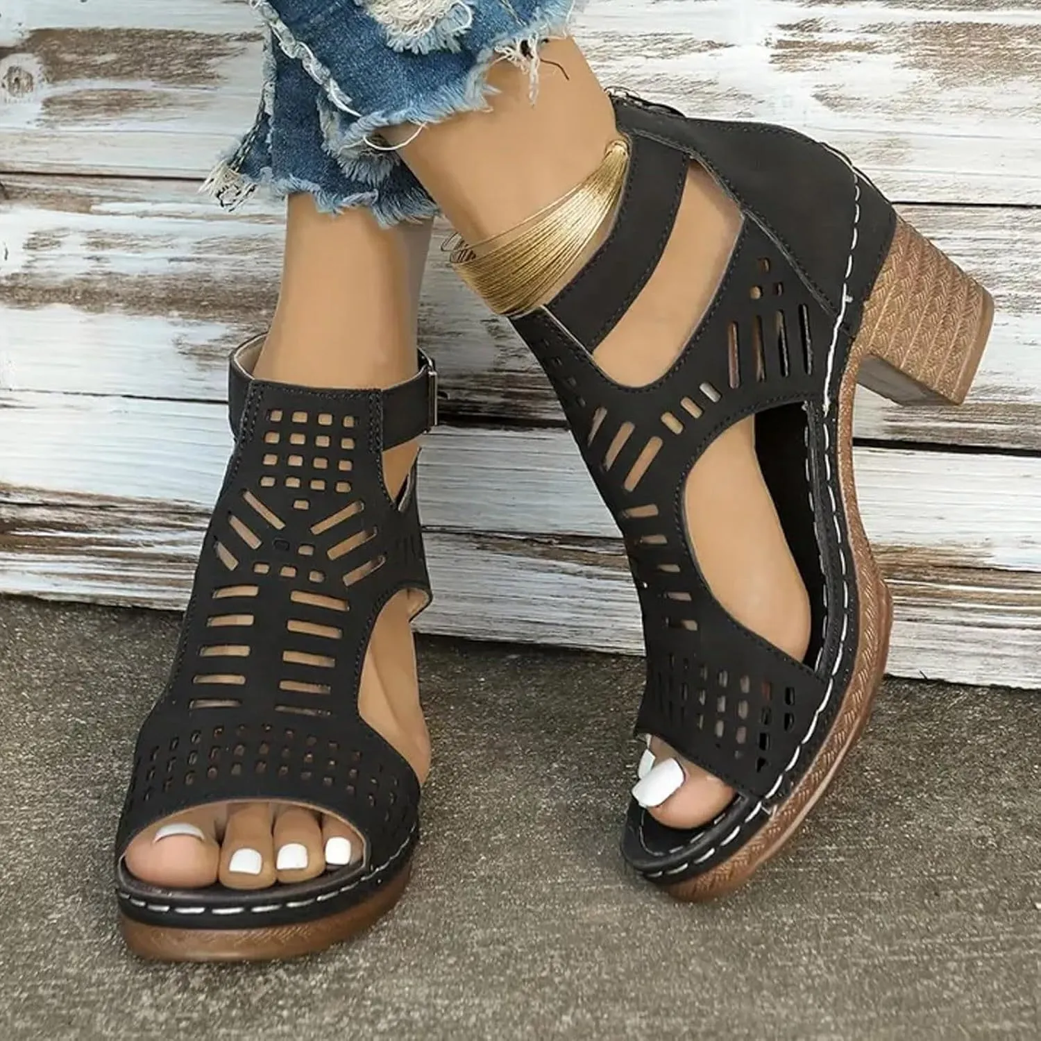 Eduavar Women's Wedge Sandals, Orthopedic Leather Peep Toe Cutout Zipper Chunky Heeled Sandals in White, Brown for Casual Wear