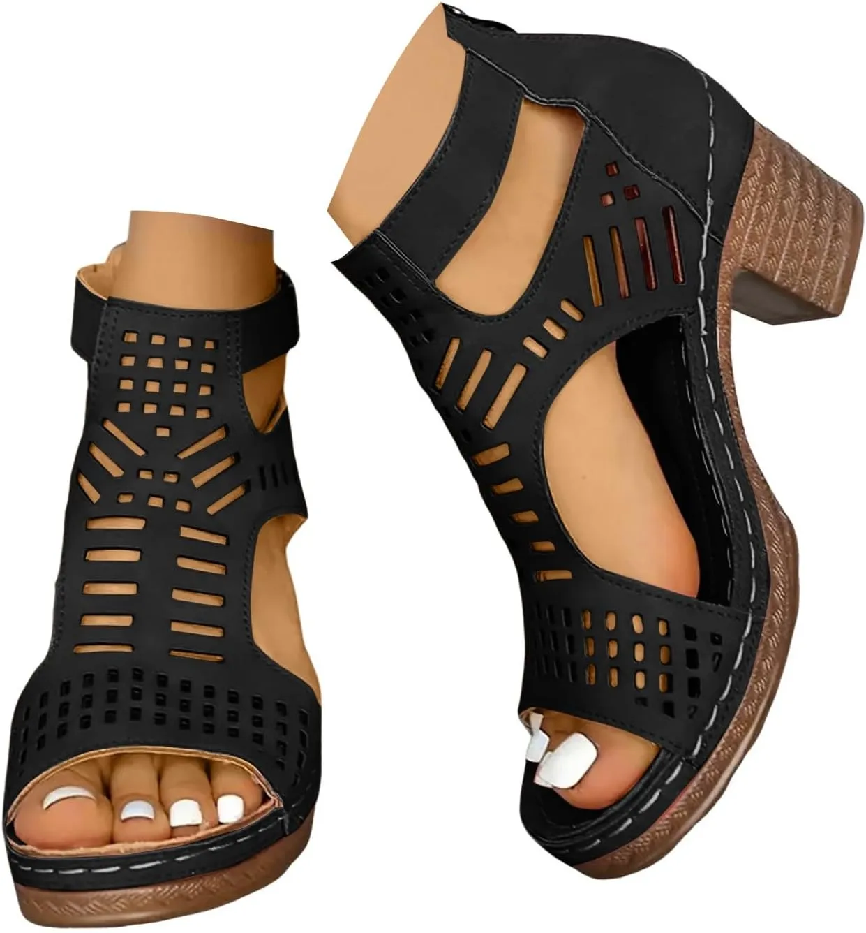 Eduavar Women's Wedge Sandals, Orthopedic Leather Peep Toe Cutout Zipper Chunky Heeled Sandals in White, Brown for Casual Wear