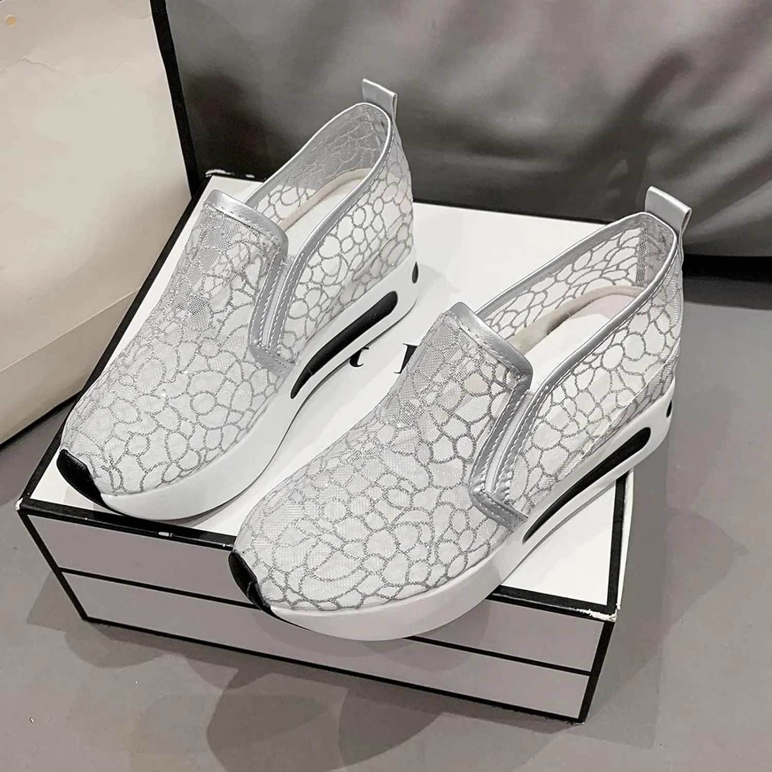 Embroidery Floral Mesh Sneakers for Women 2025, Womens Platform Wedge Sneakers,Breathable Lace Mesh Sneakers,Chunky Hidden High Heels Slip On Shoes with Arch Support Walking Low Top Loafers