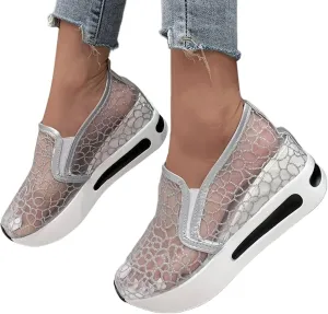 Embroidery Floral Mesh Sneakers for Women 2025, Womens Platform Wedge Sneakers,Breathable Lace Mesh Sneakers,Chunky Hidden High Heels Slip On Shoes with Arch Support Walking Low Top Loafers