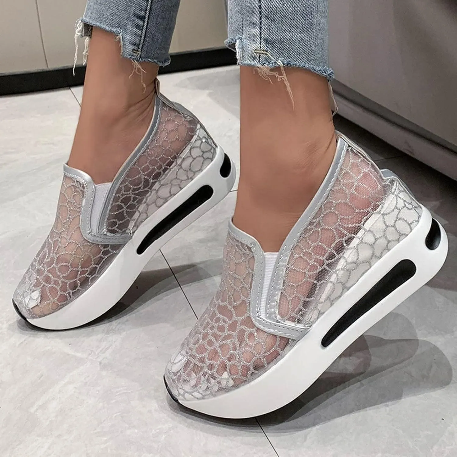 Embroidery Floral Mesh Sneakers for Women 2025, Womens Platform Wedge Sneakers,Breathable Lace Mesh Sneakers,Chunky Hidden High Heels Slip On Shoes with Arch Support Walking Low Top Loafers