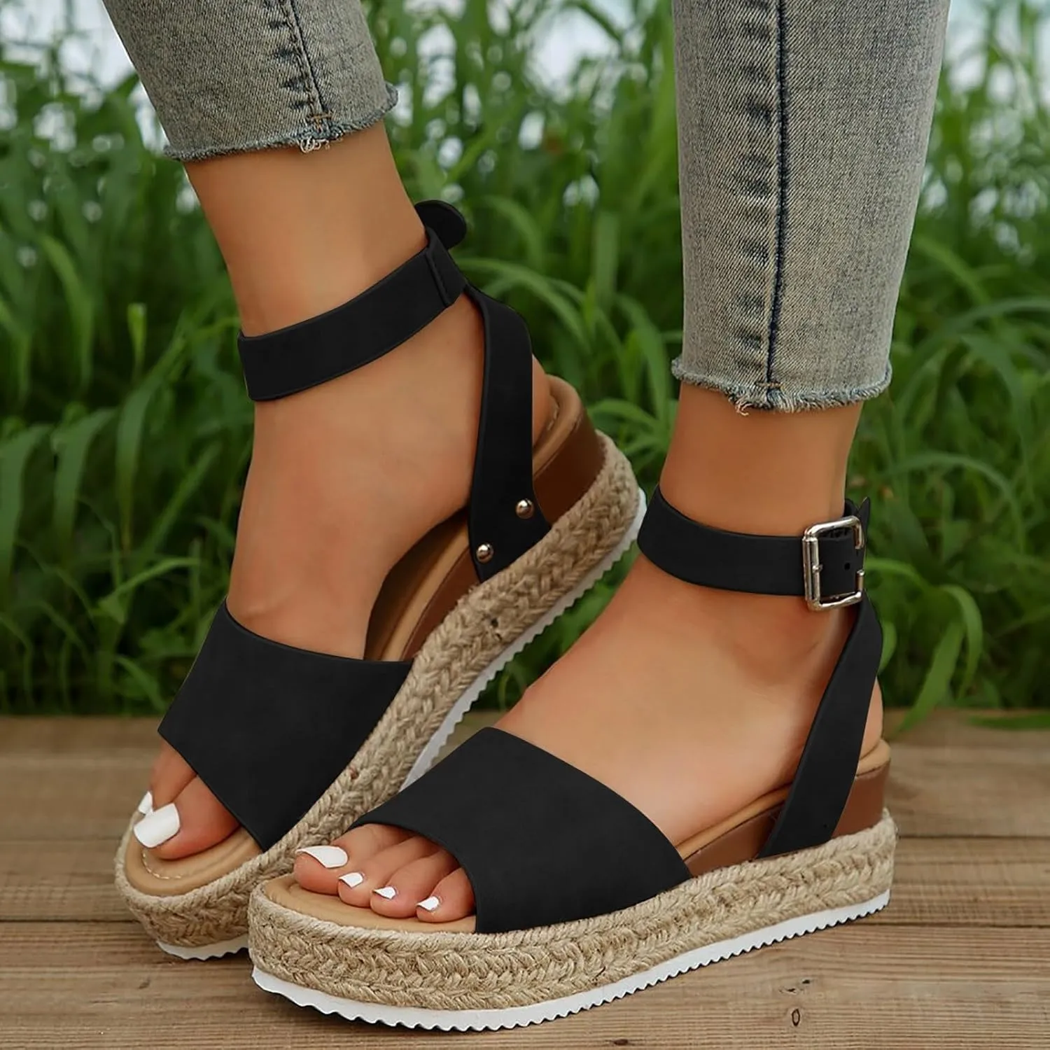 Espadrilles Platform Wedge Sandal for Women Dressy Summer, 2025 Casual Open Toe Buckle Ankle Strap Comfortable Arch Support Platform Wedge Sandals Summer Beach Shoes