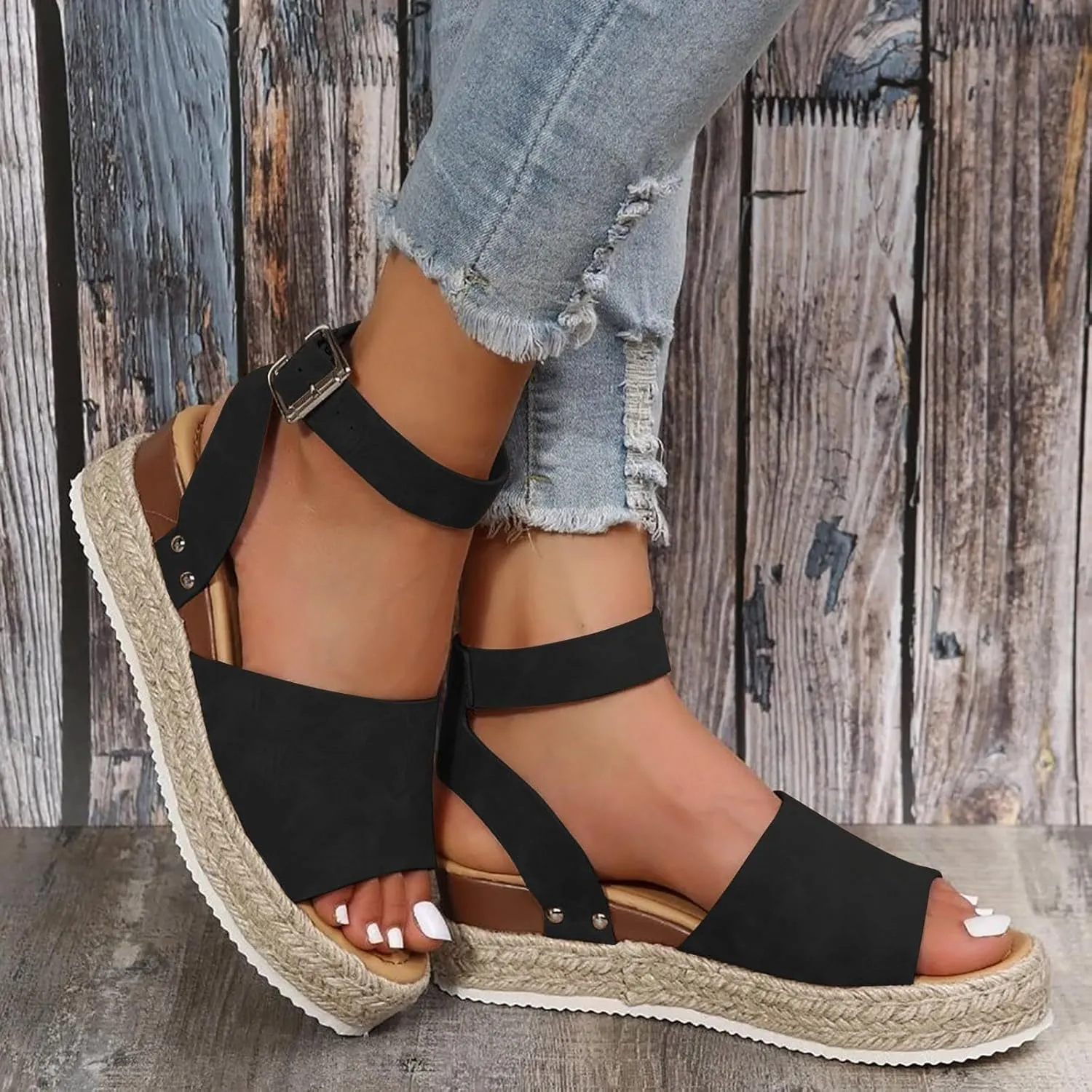 Espadrilles Platform Wedge Sandal for Women Dressy Summer, 2025 Casual Open Toe Buckle Ankle Strap Comfortable Arch Support Platform Wedge Sandals Summer Beach Shoes