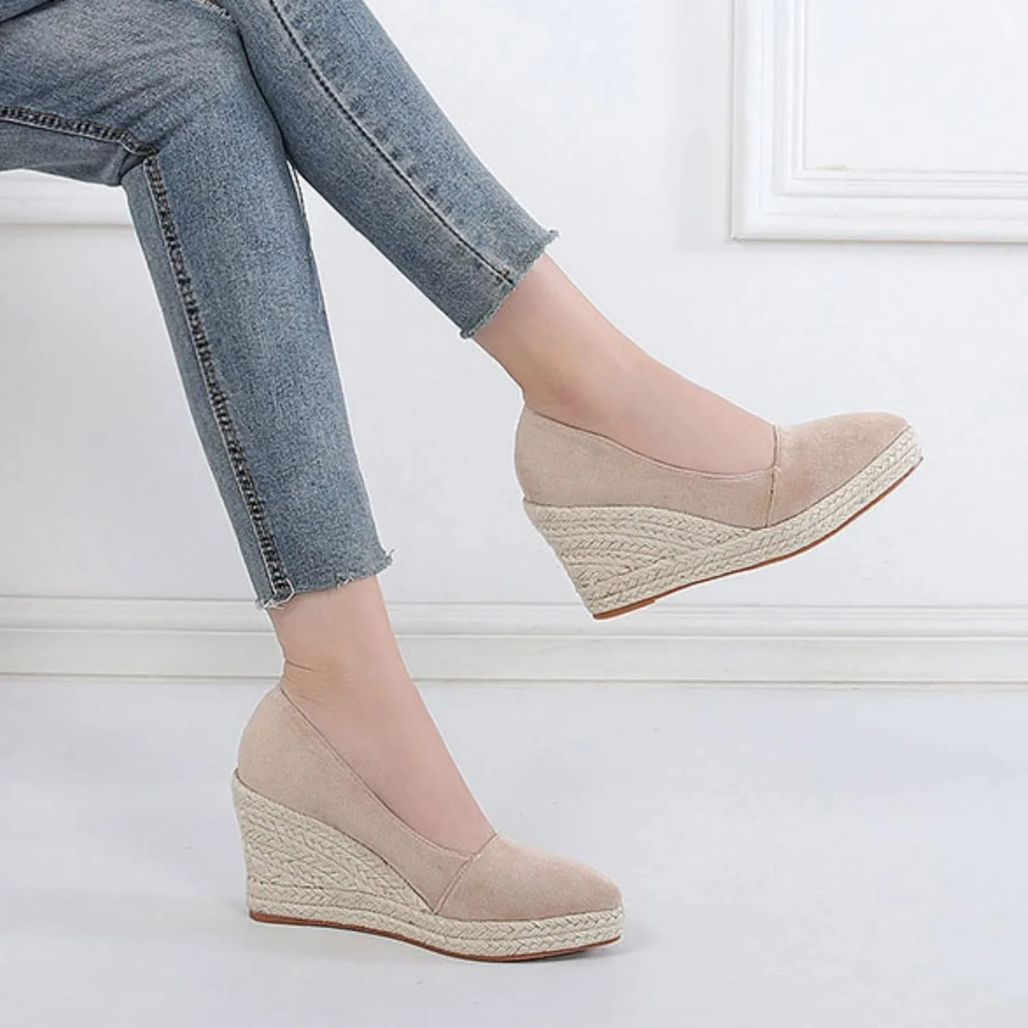 Fashion Toe Slip On Espadrilles Casual Shoes Women Canvas Trendy Shoes High Heels Wedge Sandals for Women