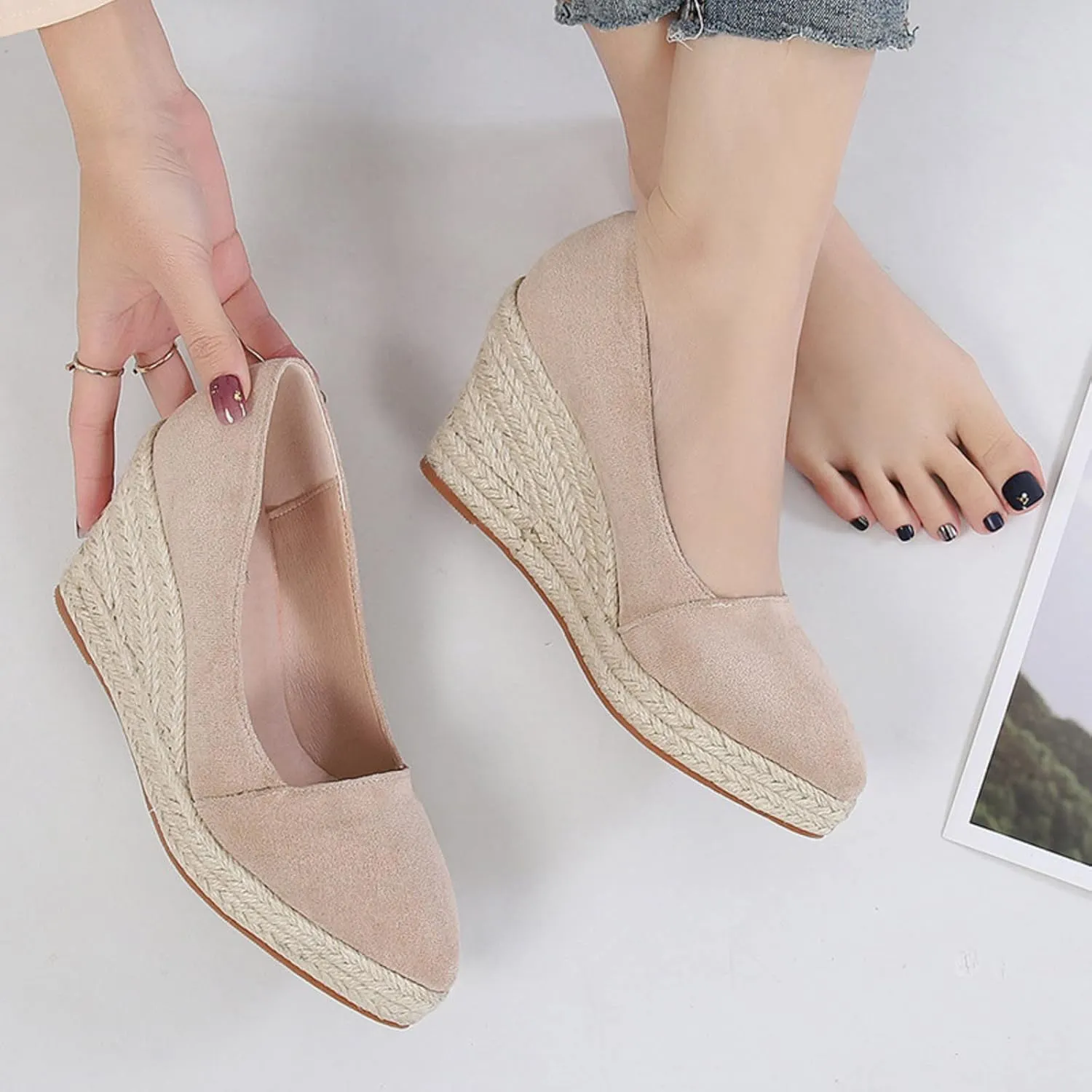 Fashion Toe Slip On Espadrilles Casual Shoes Women Canvas Trendy Shoes High Heels Wedge Sandals for Women
