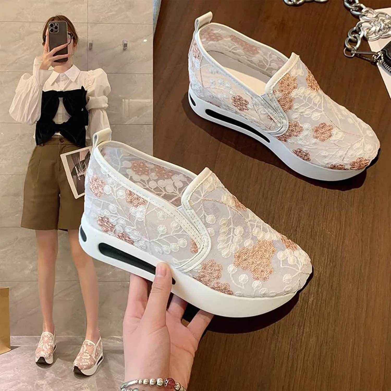 Floral Embroidery Breathable Sheer Mesh Sneakers, 2023 Spring Lace Mesh Casual Shoes, Floral Embroidery Sheer Mesh Sneakers for Women (US 8,Green)