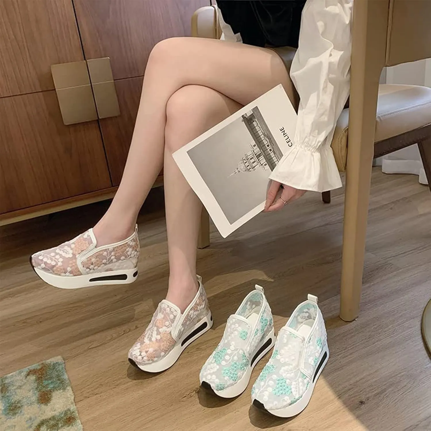 Floral Embroidery Breathable Sheer Mesh Sneakers, 2023 Spring Lace Mesh Casual Shoes, Floral Embroidery Sheer Mesh Sneakers for Women (US 8,Green)