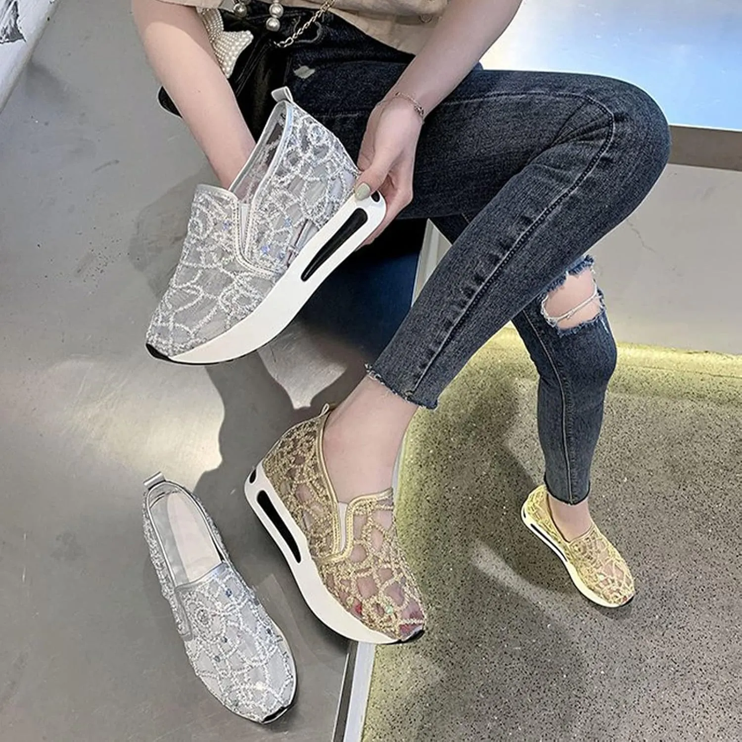 Floral Embroidery Breathable Sheer Mesh Sneakers, 2023 Spring Lace Mesh Casual Shoes, Floral Embroidery Sheer Mesh Sneakers for Women (US 8,Green)