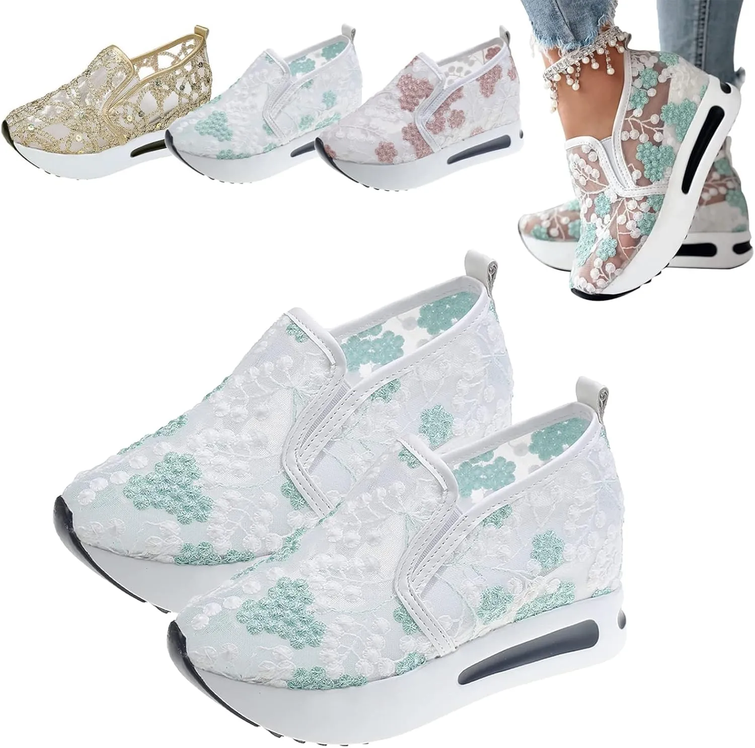 Floral Embroidery Breathable Sheer Mesh Sneakers, 2023 Spring Lace Mesh Casual Shoes, Floral Embroidery Sheer Mesh Sneakers for Women (US 8,Green)