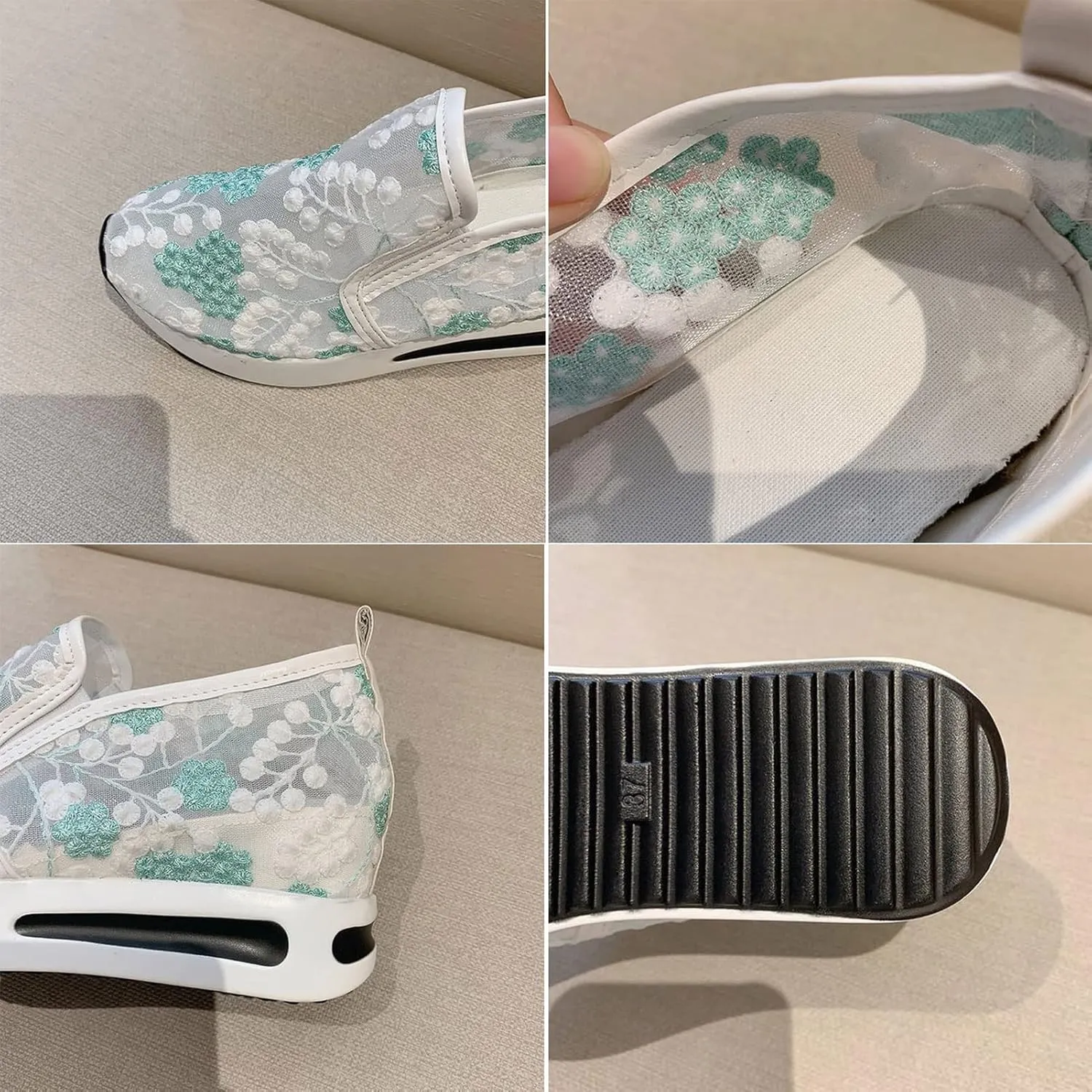 Floral Embroidery Breathable Sheer Mesh Sneakers, 2023 Spring Lace Mesh Casual Shoes, Floral Embroidery Sheer Mesh Sneakers for Women (US 8,Green)