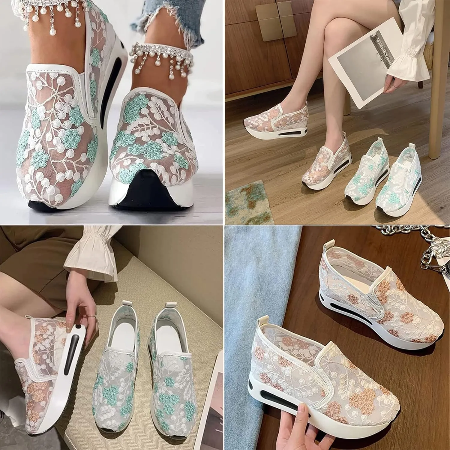 Floral Embroidery Breathable Sheer Mesh Sneakers, 2023 Spring Lace Mesh Casual Shoes, Floral Embroidery Sheer Mesh Sneakers for Women (US 8,Green)