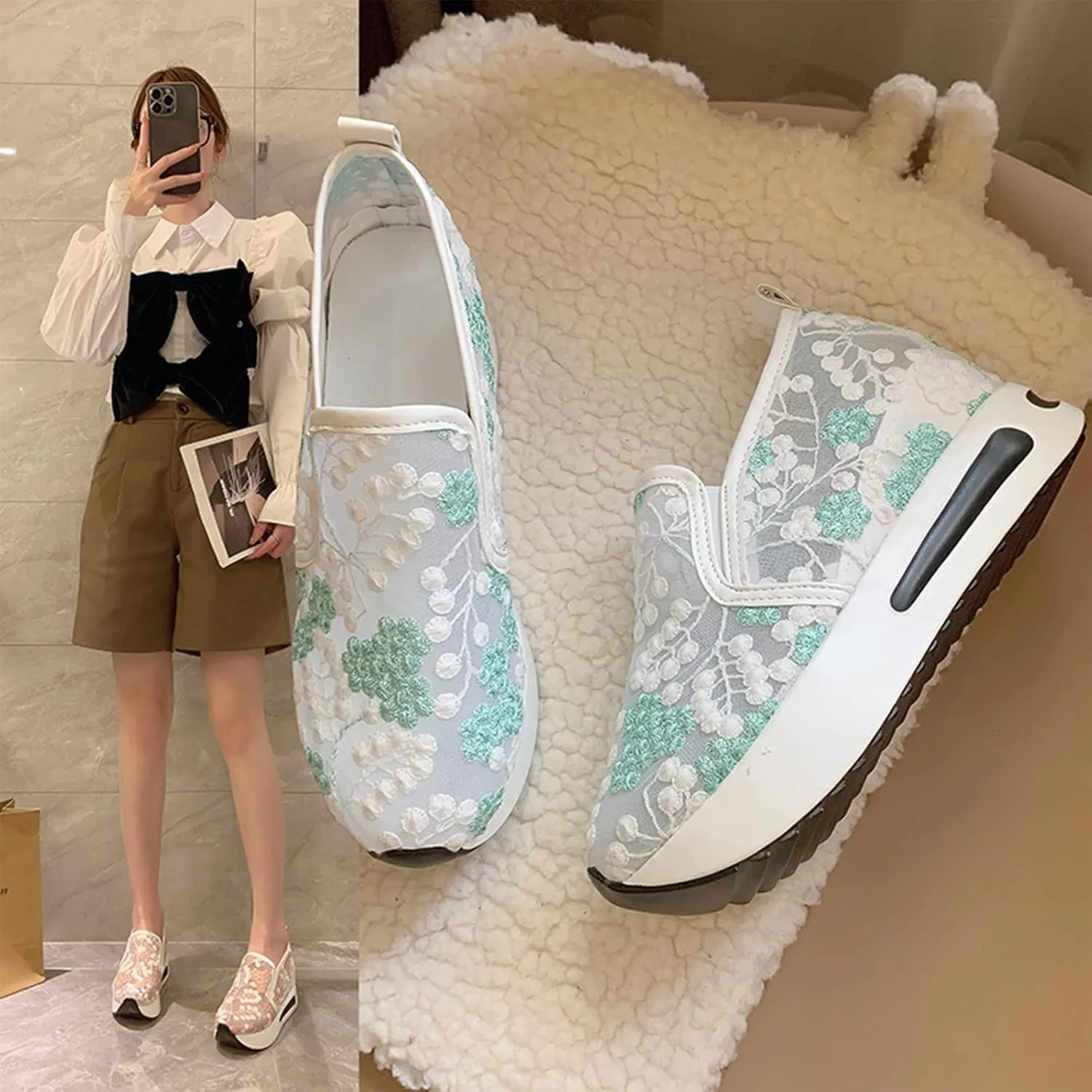 Floral Embroidery Breathable Sheer Mesh Sneakers, 2023 Spring Lace Mesh Casual Shoes, Floral Embroidery Sheer Mesh Sneakers for Women (US 8,Green)