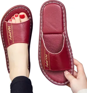 Genuine Leather Open Toe Summer Sandals, Unisex Cowhide PU Non Slip Home & Outdoor Comfy Slippers