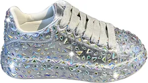 Glitter Sneakers Lace Up Fashion Sneakers, Sparkle Rhinestone Sneakers for Women, Glitter Fashion Bedazzled Platform Tennis Shoes, Non Slip Lace Up Walking Shoes