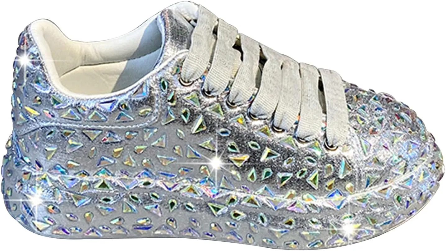Glitter Sneakers Lace Up Fashion Sneakers, Sparkle Rhinestone Sneakers for Women, Glitter Fashion Bedazzled Platform Tennis Shoes, Non Slip Lace Up Walking Shoes