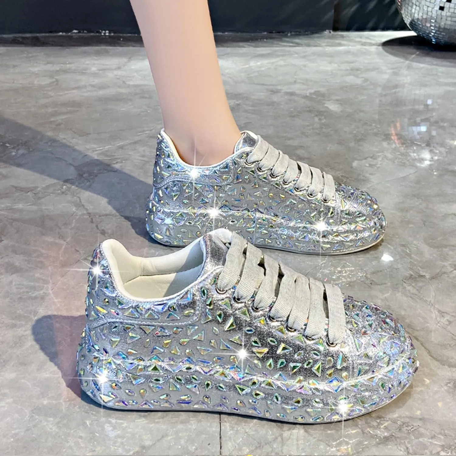 Glitter Sneakers Lace Up Fashion Sneakers, Sparkle Rhinestone Sneakers for Women, Glitter Fashion Bedazzled Platform Tennis Shoes, Non Slip Lace Up Walking Shoes