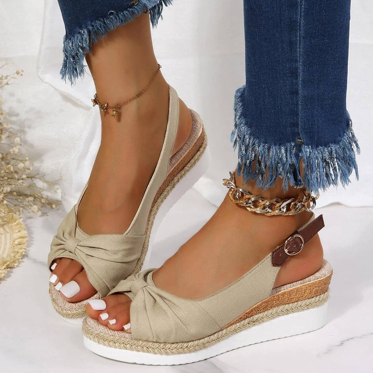 Hbeylia Espadrille Wedge Sandals for Women, Summer Casual Platform Peep Toe Hemp Woven Bohemian Ankle Strap Slingback Chunky Flat High Heel Dressy Summer Sandals