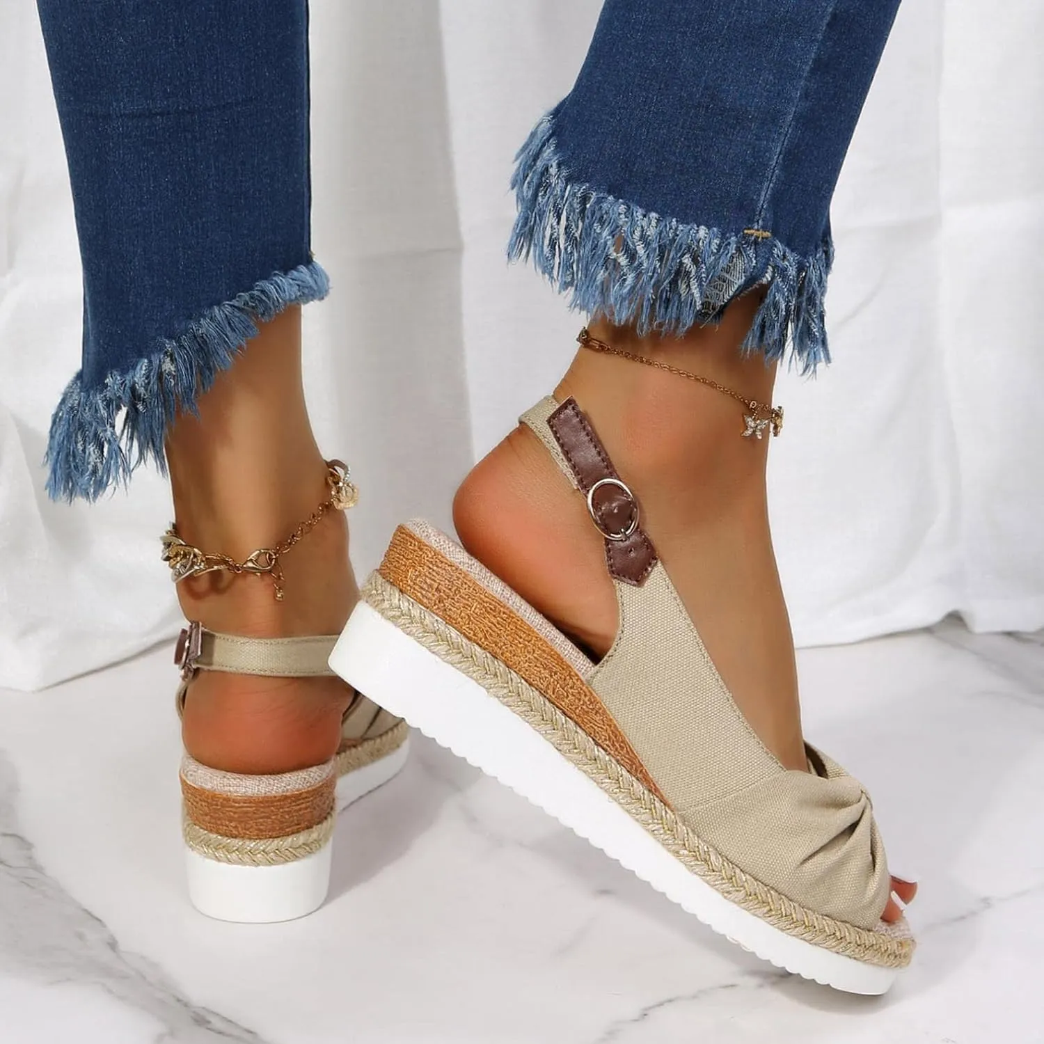 Hbeylia Espadrille Wedge Sandals for Women, Summer Casual Platform Peep Toe Hemp Woven Bohemian Ankle Strap Slingback Chunky Flat High Heel Dressy Summer Sandals