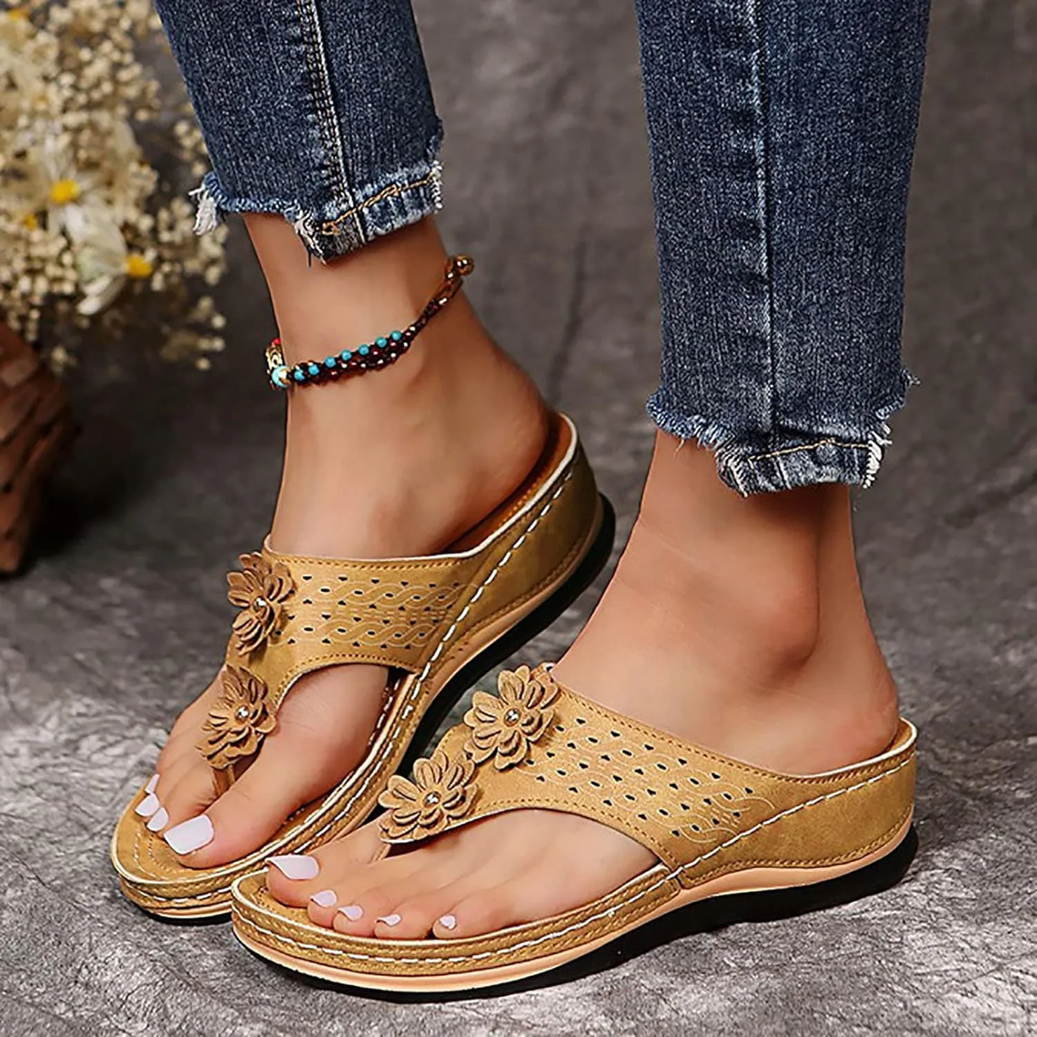 Hbeylia Orthopedic Sandals For Women Flip Flops Womens Sandals with Arch Support Ladies Casual Platform Wedge Comfortable Walking Wide Sandals Dressy Summer Slip on Thong Sandals
